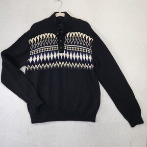 American Living Mens Lrg Black Fair Isle Cotton Mock Neck Quarter Button Sweater